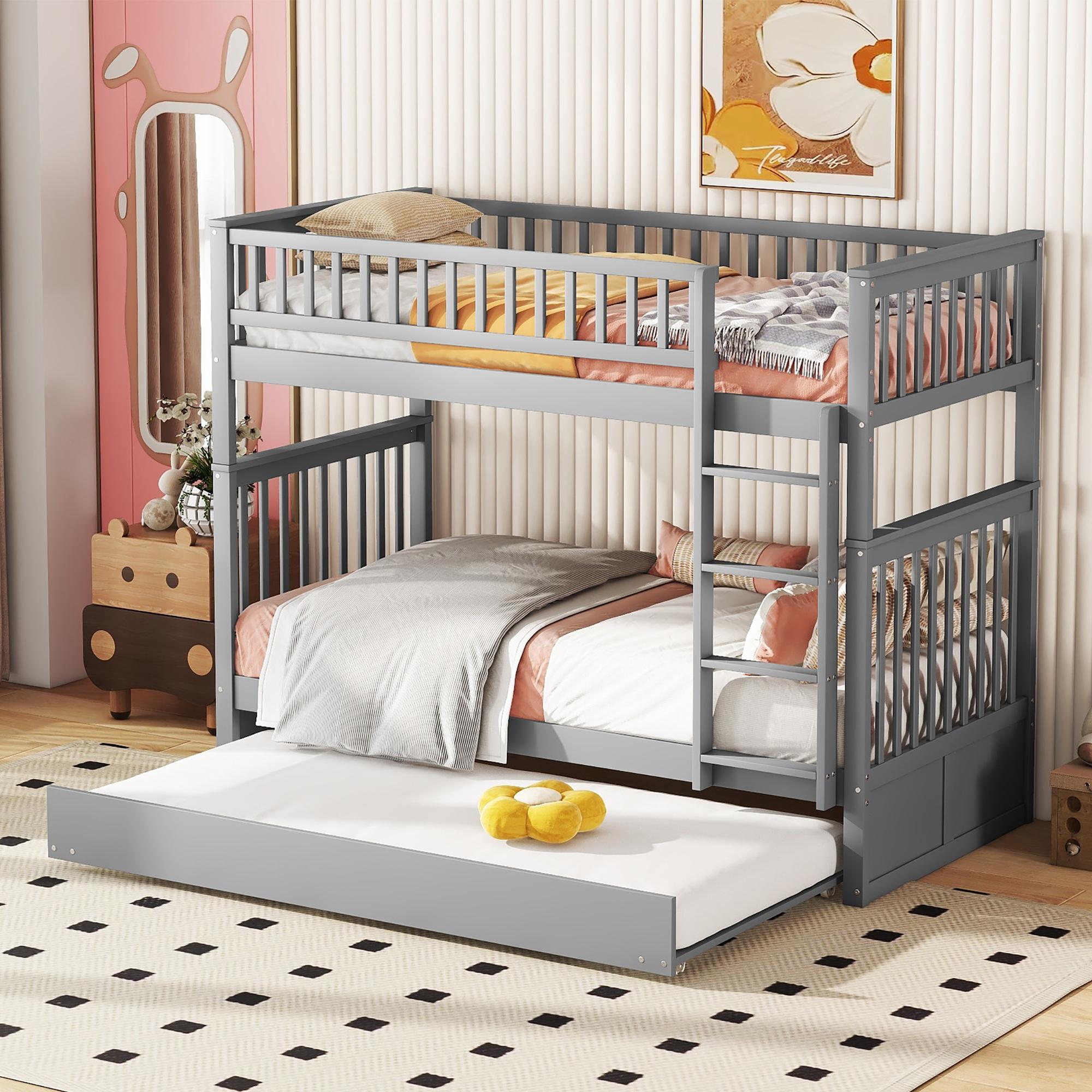 Massivholz-Etagenbett mit Ausziehbett für 3 Personen - Platzsparend und stabil mit sicherer Treppe - 90x200cm,Grau
