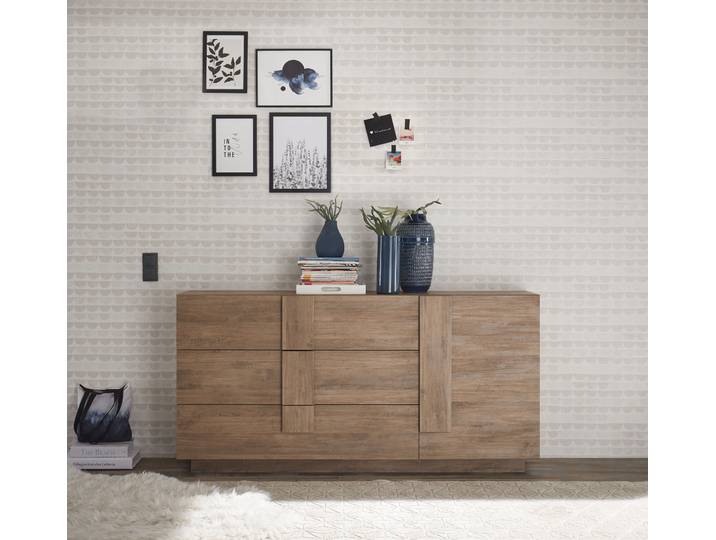 Sideboard HOME AFFAIRE Jupiter, Breite 181 cm, Kommode 1 Tür - Soft Closing, 3 Schubkästen , braun (mercure nb holzstruktur), B:181cm H:90cm T:44cm, Sideboards, Sideboard, Anrichte, moderne Griffblende, FSC, cleveres Stauraumkonzept