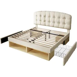 MODFU Polsterbett Samt Beige 140x200 cm mit höhenverstellbarem Kopfteil, Lattenrost und Schubladen