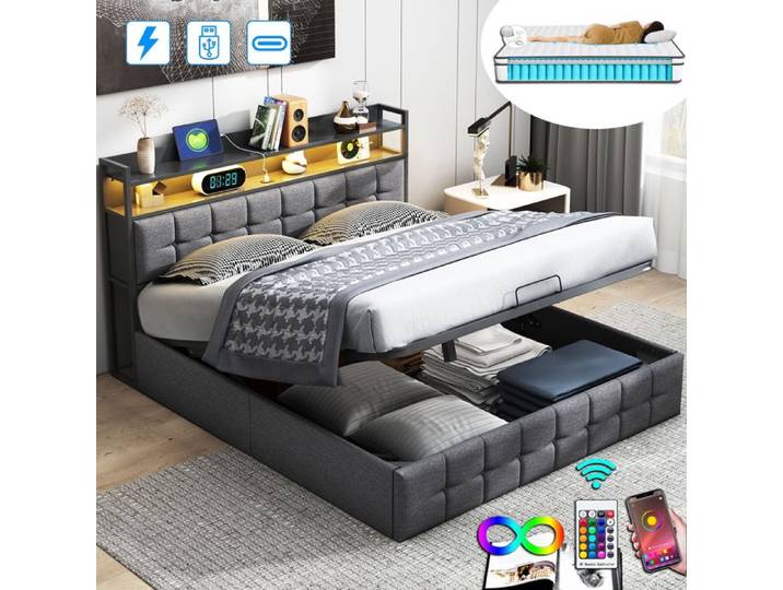 Lit coffre double 140x200cm - LUMINARIX - Matelas inclus - Rangement hydraulique - Éclairage LED - USB Type-C