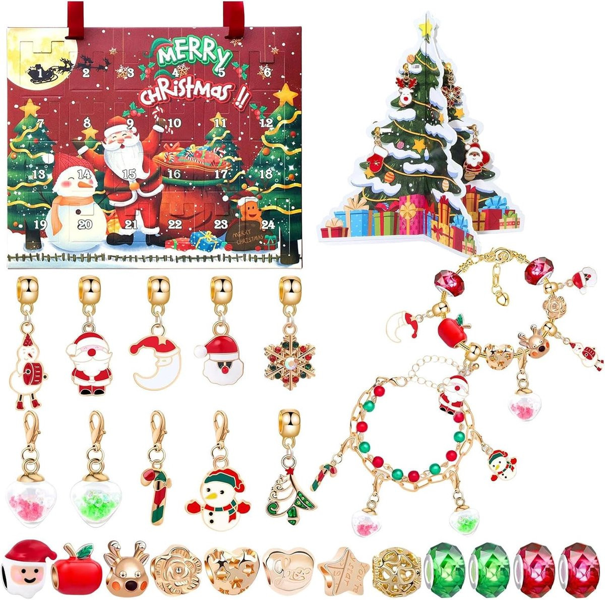 Adventskalender Armbanden met 24 Themahangers voor Kerst Knutselcreaties, Multicolor