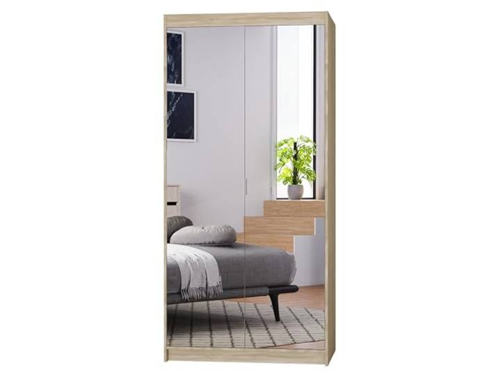 AXLIVING Schrank Spiegel Eiche Sonoma Kleiderschrank Storicos 2D 89,7 Praktische Aufteilung: 2 Türen, 7 Fächer, 1 Kleiderstange. Laminierte Platten. HDF-Rückwand. Melaminbeschichtete Kanten.