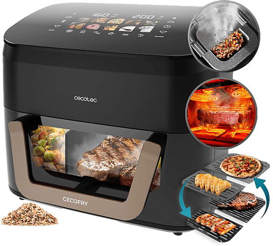 Freidora de aire - Cecotec Cecofry&Grill; Smokin' 11000, 2900 W, 11 L, Triple grill, Ahumador, Temperatura dual, Negro