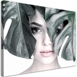 LEINWANDBILD Porträt einer Frau und Monstera-Blättern 60x40cm