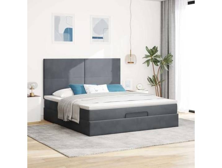 KTHLBRH Pouf Bett mit Stauraum, 160 x 200 cm, Samt, Grau Taschenfederkernmatratze inklusive, hydraulischer Aufzug, Kopfteil, Matratzenbezug
