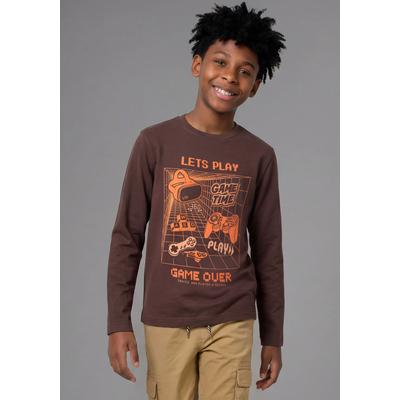 Langarmshirt KIDSWORLD "Gamer-Shirt: LETS PLAY - GAME OVER", Jungen, Gr. 176/182, braun, Jersey, Obermaterial: 100% Baumwolle, Basic, Rundhals, Shirts Langarmshirt, Gamer-Shirt, langarm, Basic-Stil, für Alltag und Freizeit