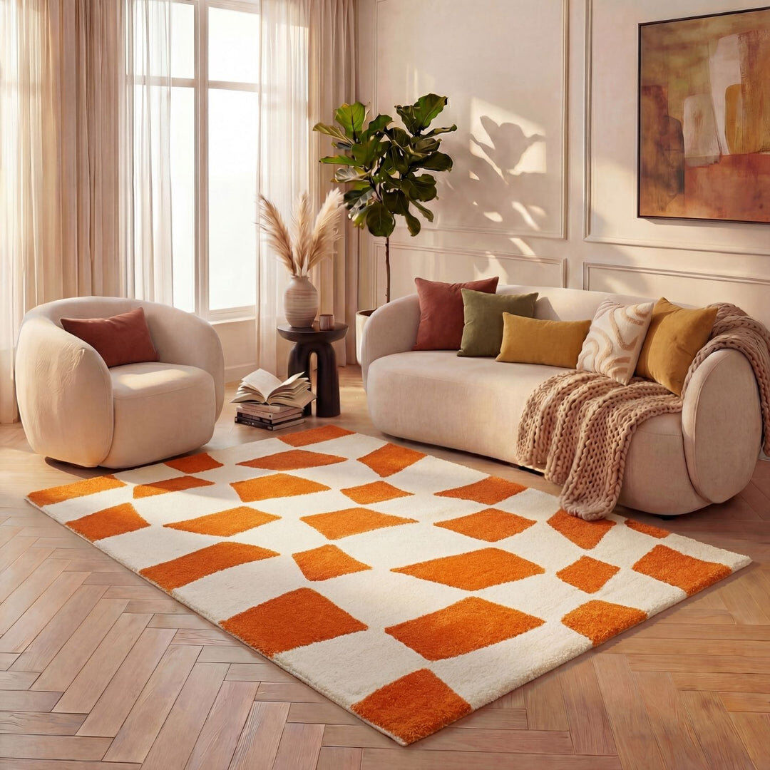 THE RUGS Joli Chequered Area Rug Soft Dense Pile for Living Rooms and Bedrooms Orange/White Rectangle 200 x 290 cm