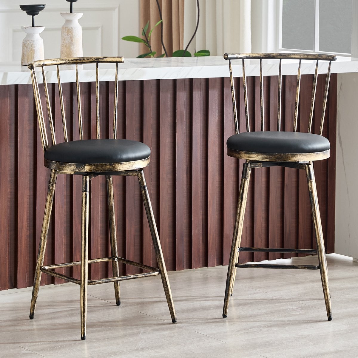 DESMIU Barkruk Windsor-stijl met rugleuning en gewatteerde zitting, Zwart Bruin