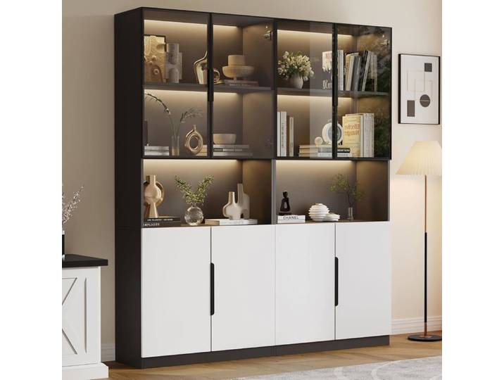 Vitrine avec éclairage LED - 160x30x200cm - Armoire à 4 portes et plan de travail - Vitrine moderne en verre pour bureau à domicile