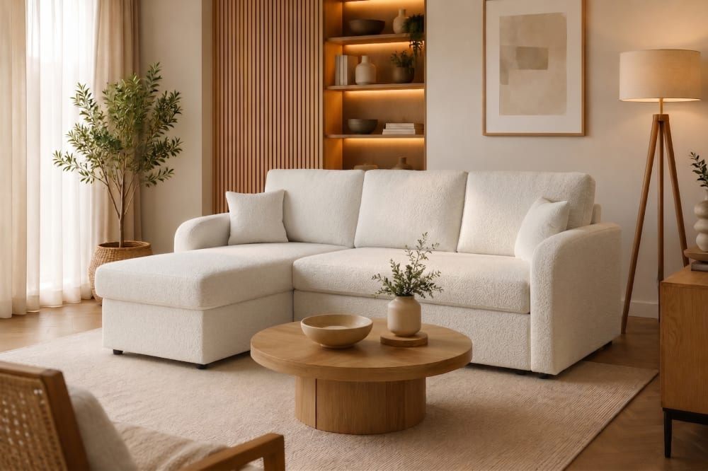 KS Home Concept Canapé d angle universel avec fonction couchage et coffre - écru Beige 145x87x227cm