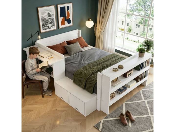 Lit Enfant en Bois 120x200 cm avec espace de rangement et bureau Lit simple blanc avec compartiment pliant étagère à pieds ouverte
