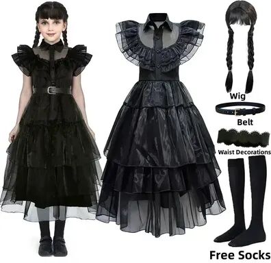 Top Demand Picks Girls Wednesday Addams Costume Complete Kit, Kids Halloween Party Dress With Wig & Accessories For Cosplay Dress Up costume only height 59inch