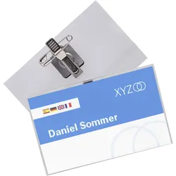 10 Namensschild mit Klammer URBAN 90 x 55 mm | Kombiklammer, drehbar, Hart-PVC, transparent