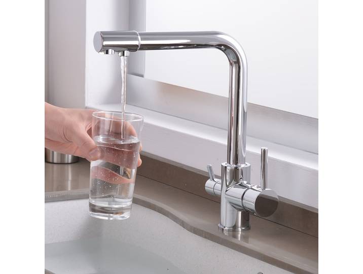 Robinet de cuisine chromé, double bec rotatif, filtre purificateur d'eau potable, évier en laiton, robinet mélangeur 3 en 1