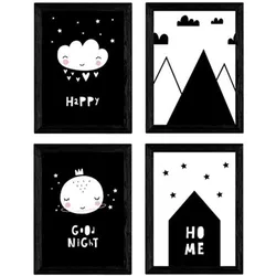 POSTER Set mit 4 „Casita, Mond, Berge und Wolken Herzen“ Tiere A3 Schwarzer Rahmen
