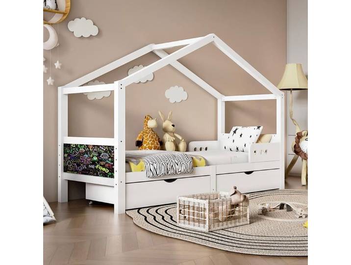 Lit enfant - LEYTN - Lit cabane 90x200cm - Bois massif - 2 tiroirs de rangement - Tableau noir
