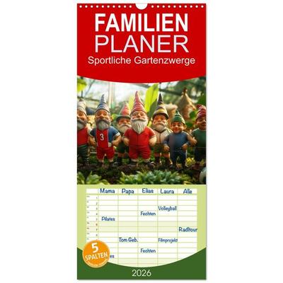 Familienplaner 2026 - Sportliche Gartenzwerge mit 5 Spalten (Wandkalender, 21 x 45 cm) CALVENDO