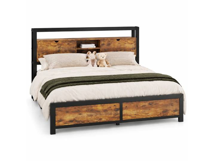 Stilvora Metallbett 140/200 cm in Natur mit Stauraum-Kopfteil und Metall-Lattenrost, Schwarz, 3 Fächer, 140x200 cm, Schlafzimmer, Betten, Metallbetten