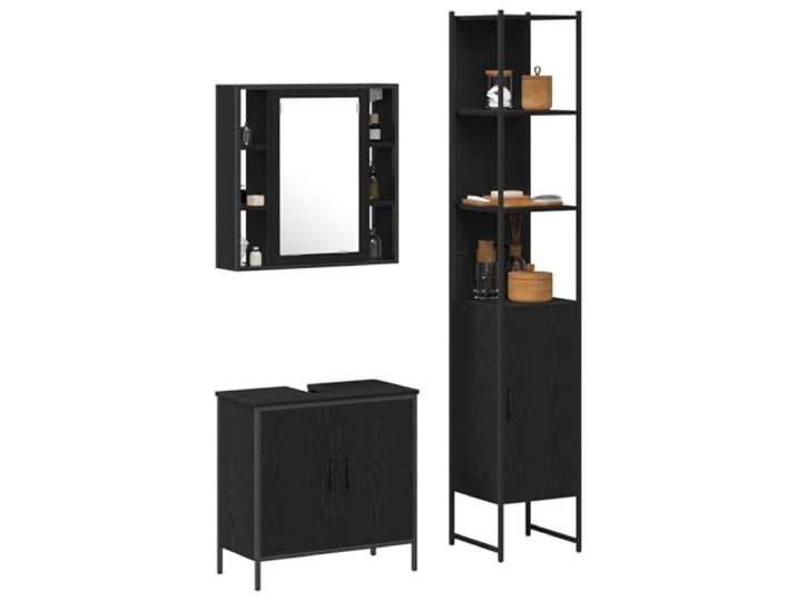 KTHLBRH Badezimmer-Schrank-Set, 3-teilig, Schwarz, Holz, mehrschichtig Mit Spiegel, 13 Einlegeböden, 4 Türen, Wandmontage, platzsparendes Design