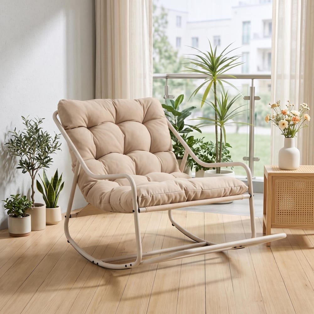 Meubles Cosy Fauteuil à bascule extérieur, coussin beige épais, cadre beige Beige 116x82x75cm