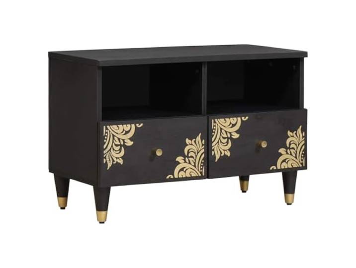 LPERTGFHU TV-Schrank aus Mangoholz mit Schublade, Regal & Messinggriffen Massivholz-Konstruktion, Goldfarbener Siebdruck, Modernes Design