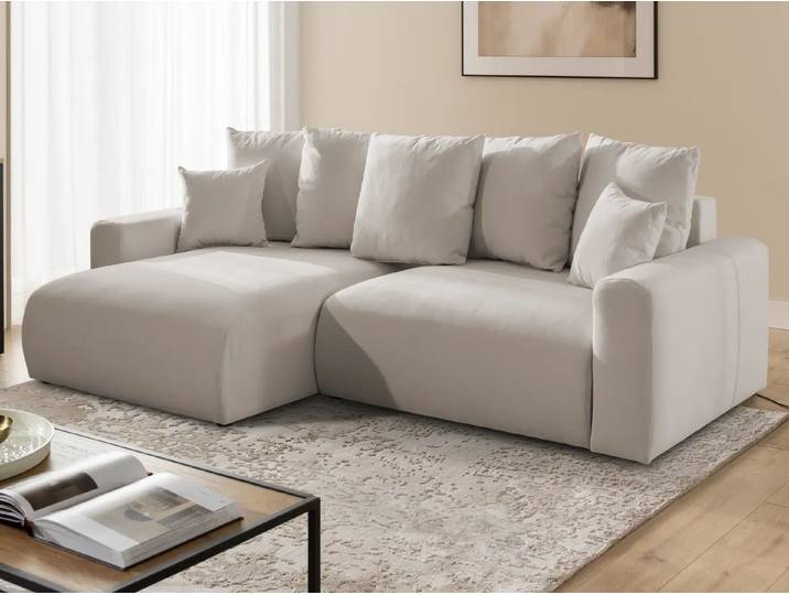 S-Style Möbel Calma - Komfortables Ecksofa im Bumpy-Design mit Schlaffunktion und Bettkasten aus weichem Webstoff - Beige