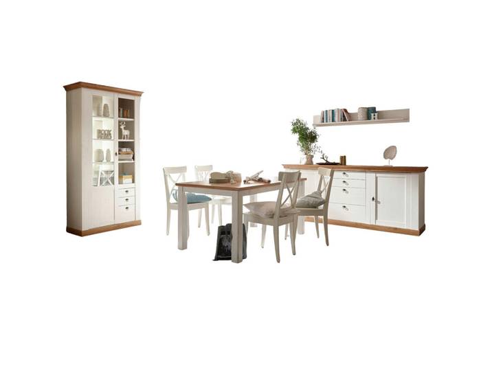 Furn.Design Esszimmer-Set weiß Pinie, Eiche Wotan, Landhaus Speisezimmer 4-teilig, Weiß, Eiche Wotan, Nachbildung,Pinie, 9 Fächer, 7 Schubladen, Rechteckig, 210x204x88 cm, Esszimmer