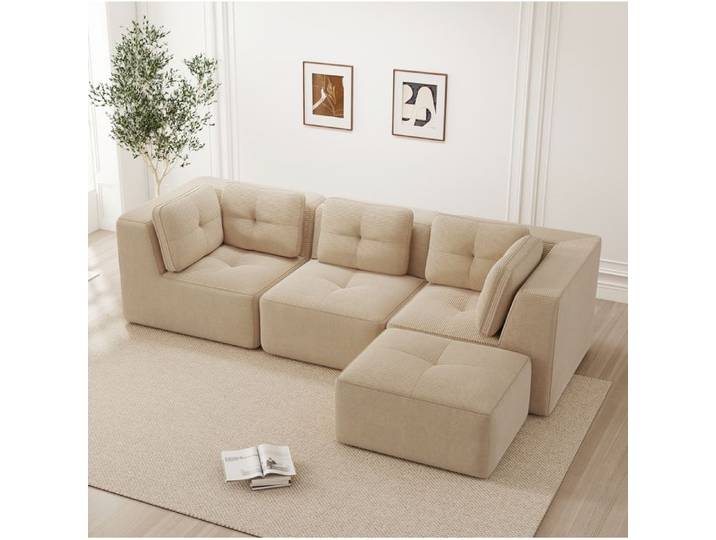 ELVORIN Canapé d angle modulaire en velours côtelé beige sans montage modules libres assise basse et accoudoirs larges