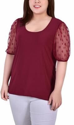 NY COLLECTION Short Sleeve Dotted Sleeve Top
