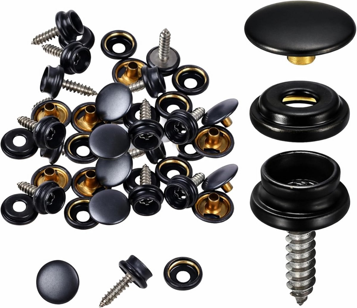 15mm Zwarte Schroefdrukknopen (3-Delig) - Voor Boot, Zeil, Meubels & DIY