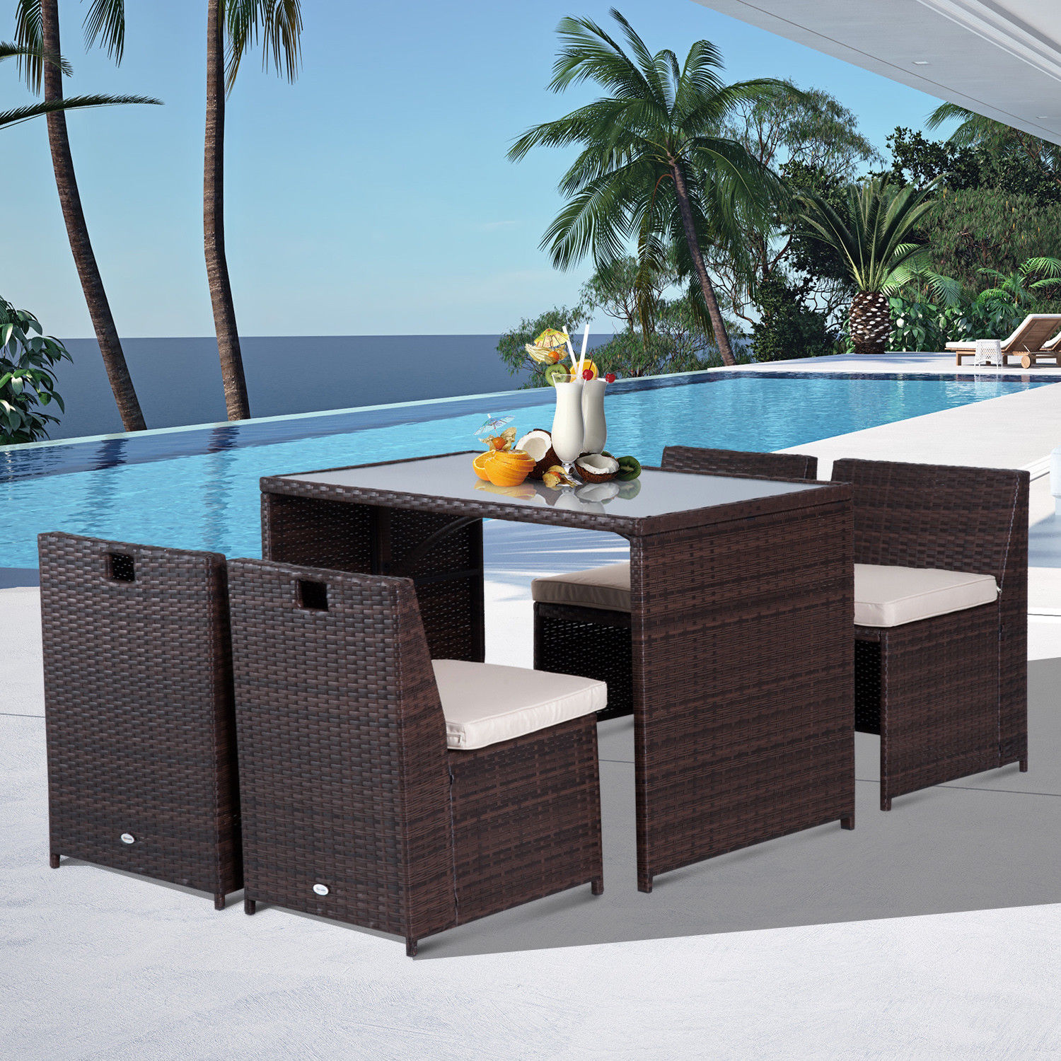 Outsunny Set Mobili da Giardino in Rattan 5pz Tavolo Pranzo 4 Sedie con Cuscini Aosom
