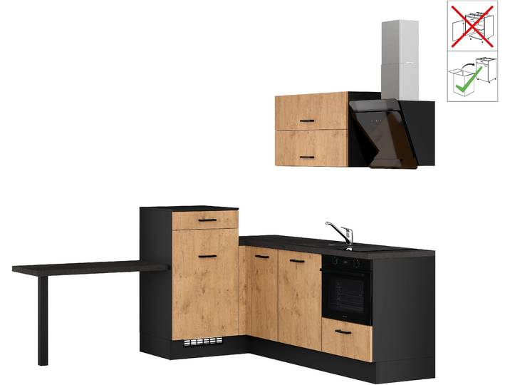 Winkelküche IMPULS KÜCHEN Amsterdam mit zusätzlicher Arbeits- & Stellfläche, vormontiert , braun (küche: braun, korpus: schwarz, arbeitsplatte: schieferstruktur schwarz), B:350cm H:206,2cm T:60cm, Komplettküchen-Sets, Küchenzeile, Ausrichtung wählbar, wahlweise mit E-Geräten, Breite 225/125cm