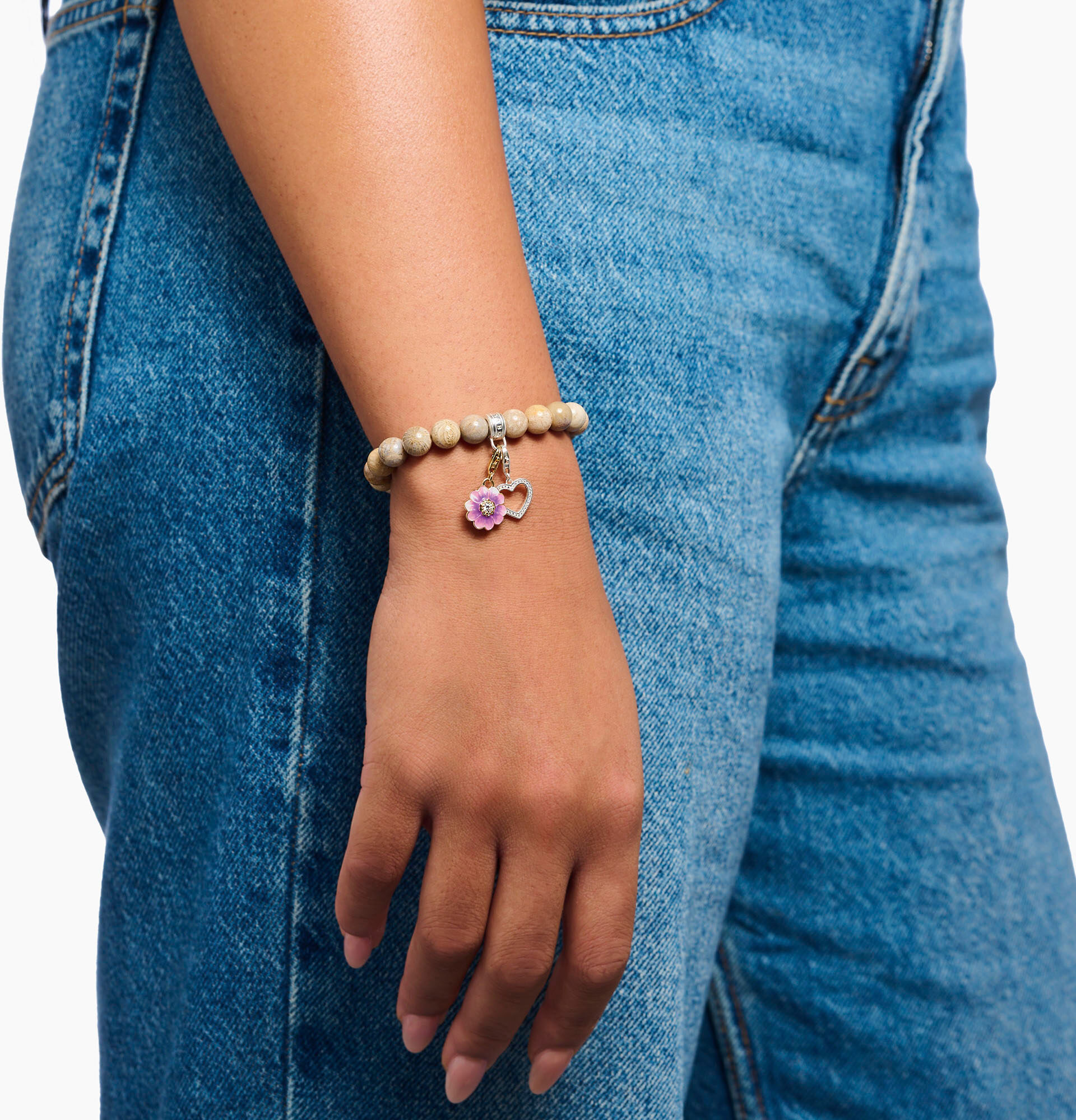 Charm-Armband THOMAS SABO "Charm Club: Bead-Armband Daisy Jaspis" Gr. 19, silber (silberfarben, natur, natur), Armbänder, Damen, 19, Silber 925 (recycelt), Charm-Armband, mit Jaspis