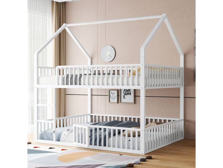 Lit superposé enfant maison en métal blanc 140 × 200 cm