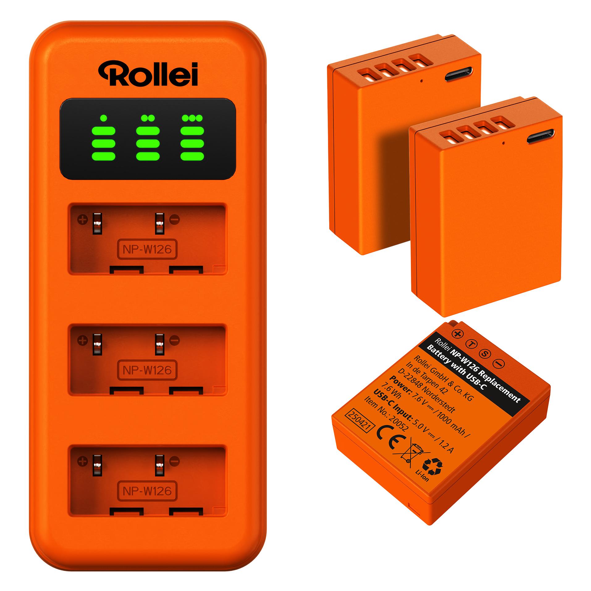 Rollei Ladegerät-Set | 3er Pack Kamera-Akkus & Ladegerät (Kamera Akku, Kamera Akku Ladegerät) (20084)