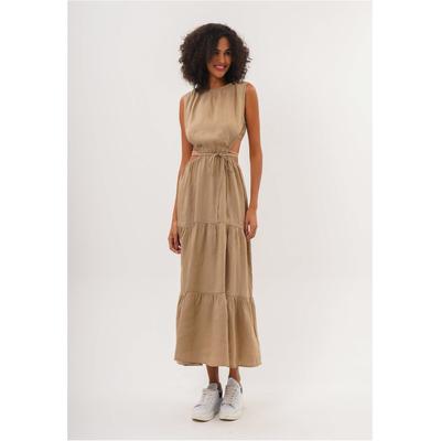 Jerseykleid FRESHLIONS "Lilia", Damen, Gr. S, EURO-Größen, braun, 100% Leinen, lang, Rundhals, Kleider Jerseykleid, mit raffinierten Faltendetails