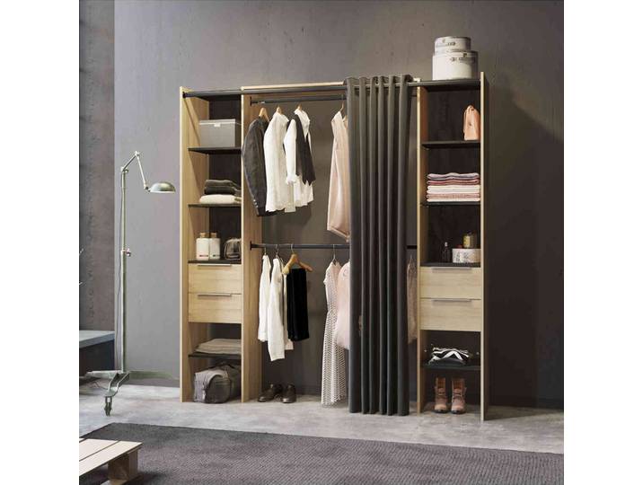 Dressing ouvert avec rideau, extensible en bois imitation chêne kronberg - DR185