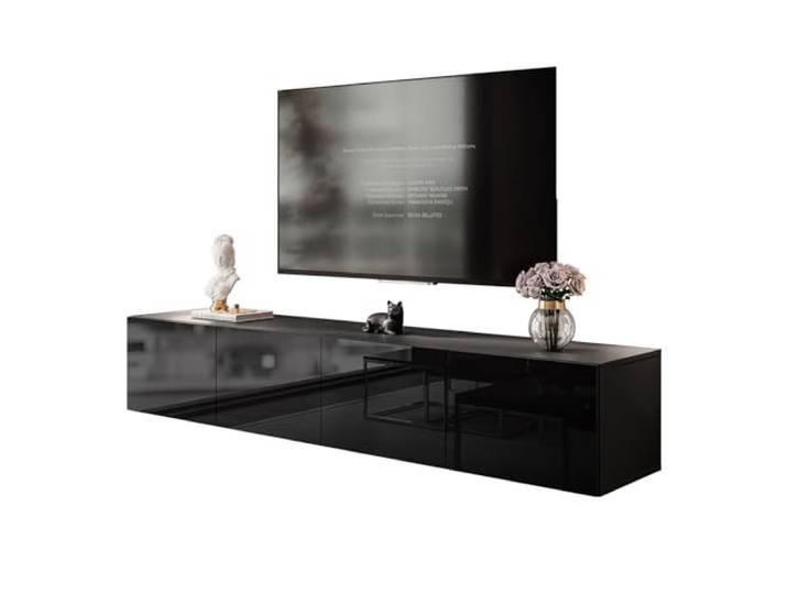 lukmebel Colgante TV-Ständer Doppelschrank mit Push-to-Open-Mechanismus Wandmontage Glatte Minimalistische Front aus Laminierter Platte 40x200x36 cm Schwarz/Schwarz Glänzend
