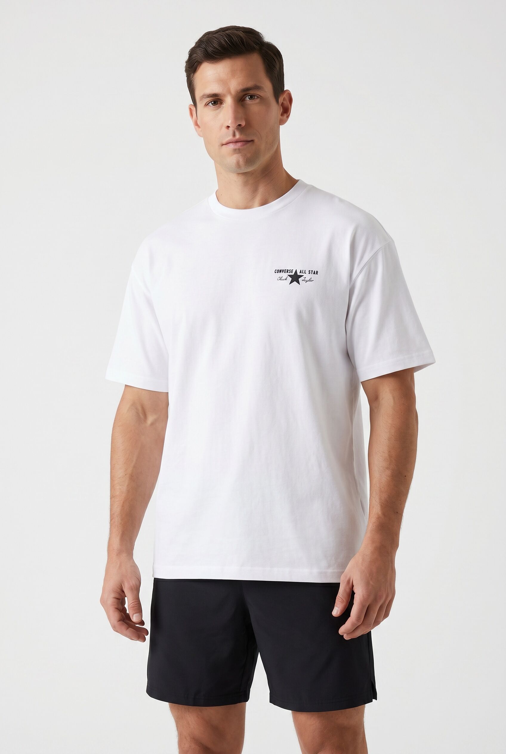 T-Shirt CONVERSE "CONVERSE LICENSE PLATE TEE", Herren, Gr. L, weiss (weiß), Single Jersey, Obermaterial: 100% Baumwolle, Rundhals, eingesetzt eingefasste Kante, Shirts T-Shirt, Kurzarm-Design, mit Rundhalsausschnitt, aus Baumwolle weiß L