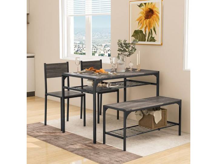 Ensemble Table de Cuisine Industrielle avec Banc et Chaises Style Moderne - Gris