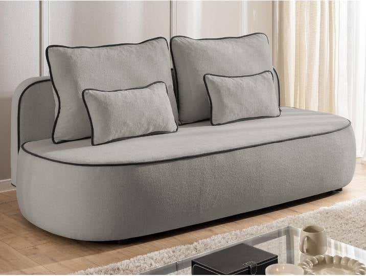 Vero - Modernes und abgerundetes 3-Sitzer-Schlafsofa mit Bettkasten aus Grau Plüschstoff mit schwarzer Paspel