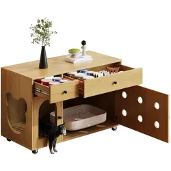 Katzenkloschrank 100x45x66 MDF Sideboard Katzenstreu Aufbewahrung Sandauffangplatte Rollen Naturholz Design Modern