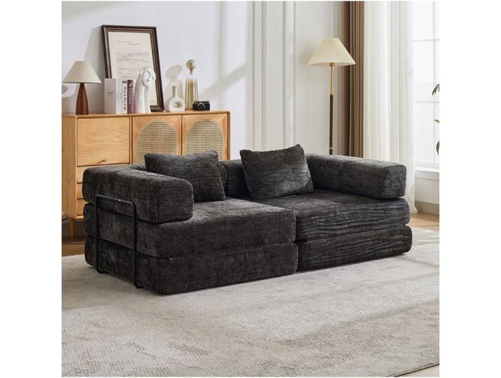 WOVREO Canapé-lit de sol convertible 2 places modulable en chenille noire