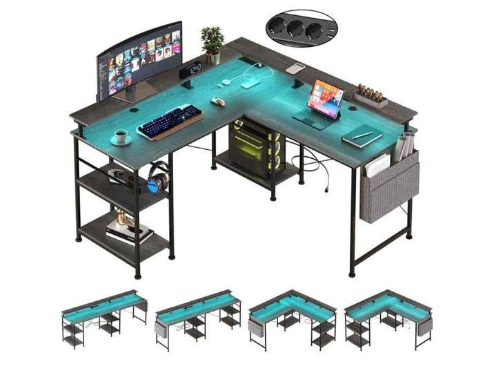 Bureau d'angle en L avec rehausse écran LED RGB prises USB et secteur bureau gaming et travail Gris