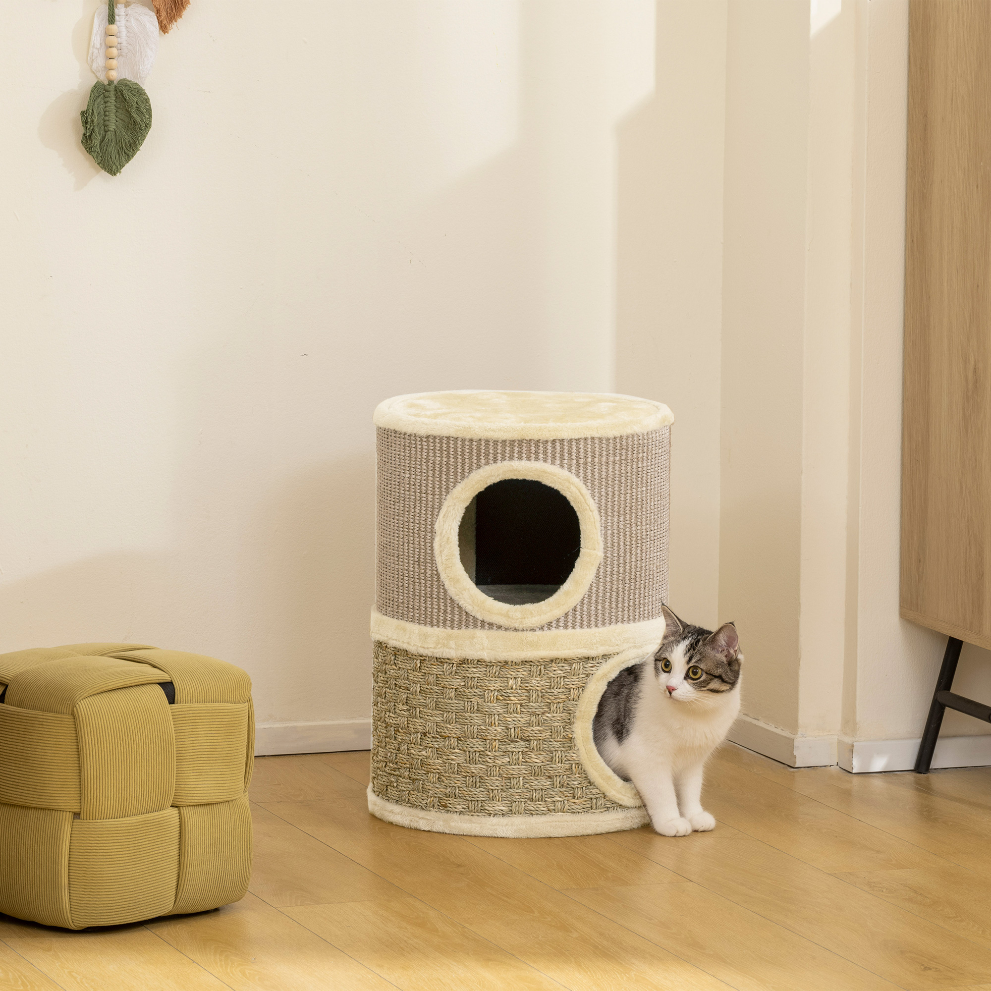 Pawhut Cuccia per Gatti Tiragraffi a Torre con 2 Nicchie, Corda in Sisal e Alga Marina, Bordo Peluche, Cachi   Aosom Italy