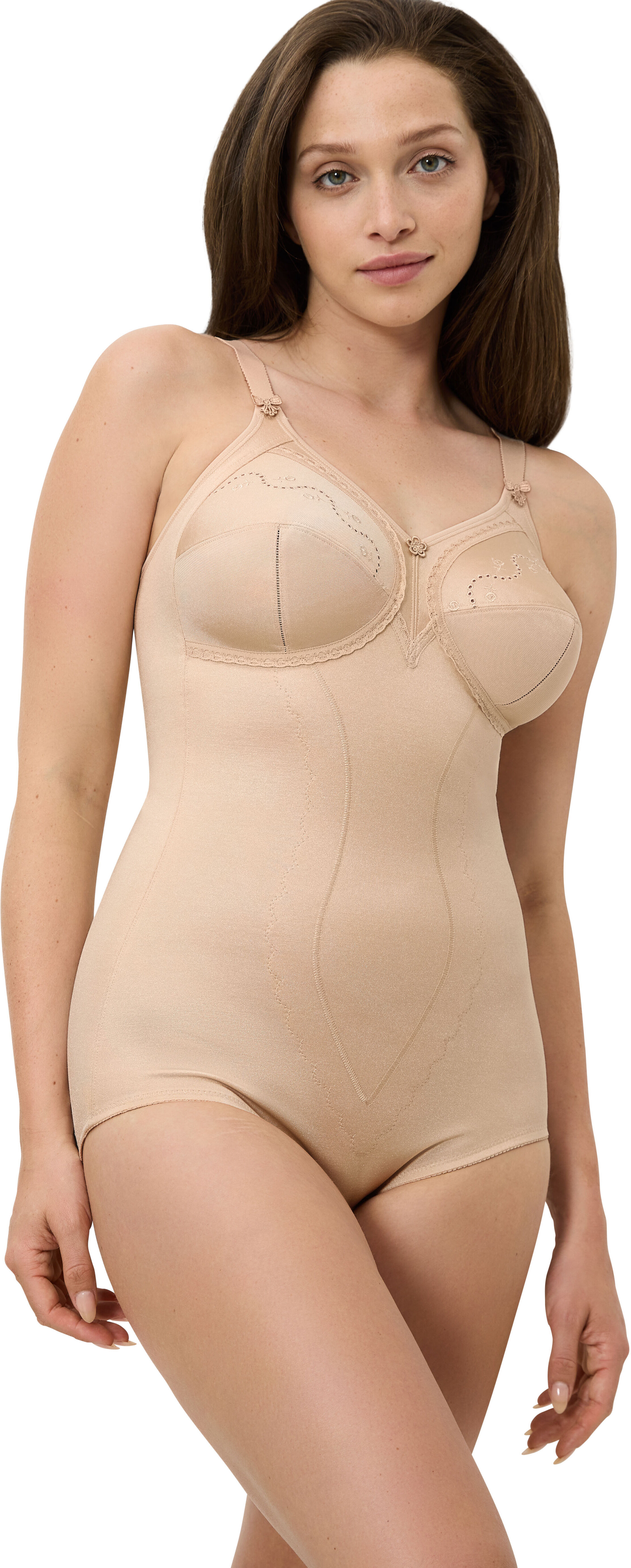 Shaping-Body TRIUMPH "Doreen + Cotton 01 BS", Damen, Gr. 110, Cup C, beige (porcelain mousse), Obermaterial: 37% Polyester, 26% Baumwolle, 24% Polyamid, 11% Elasthan, 2% Viskose, eng, V-Ausschnitt, Bodys Shaping-Body, runder, tieferer Rückenausschnitt, fo