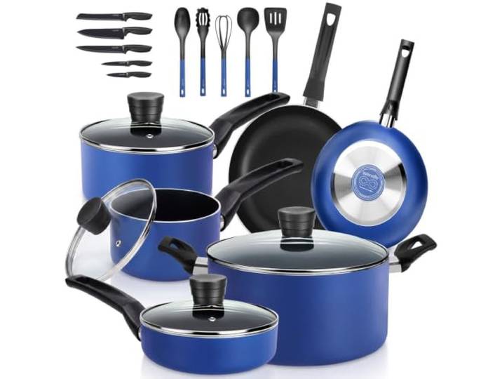 SereneLife Antihaft-Kochgeschirr-Set, Induktion, 20-teilig, Töpfe & Pfannen, Blau