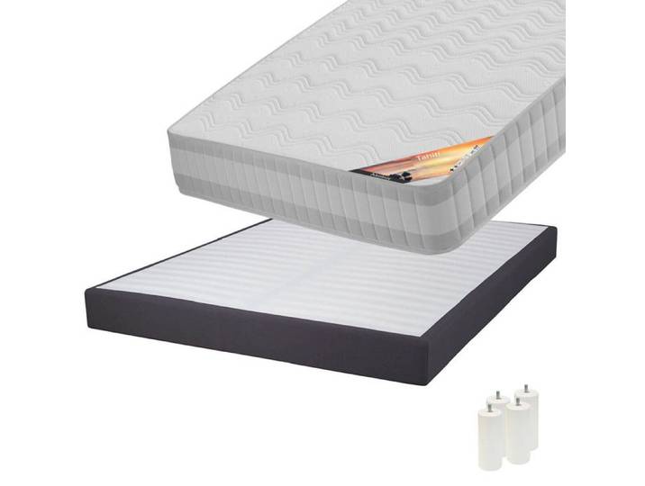 Tahiti - Pack Matelas 160x200 + Sommier Tapissier Démontable 2x20 Lattes Anthracites + Pieds Blancs 15cm