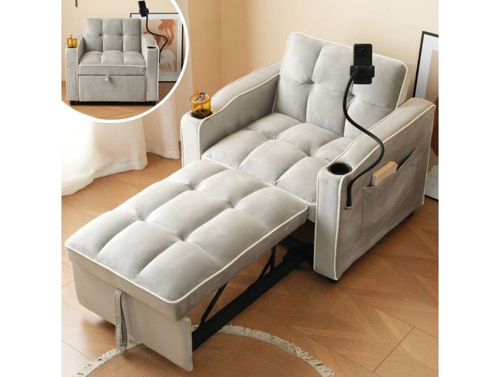 Canapé convertible Fauteuil Lit-Canapé 1 Place porte-boissons et porte-téléphone portable Rangement 83x167x76cm Gris antique-blanc