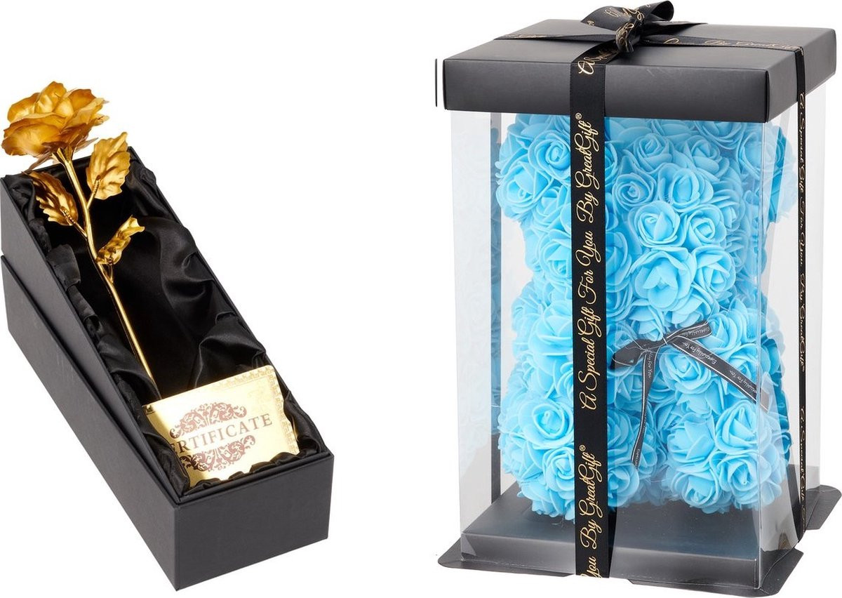 GreatGift Gouden Roos met Blauwe Rozen Beer - Goud